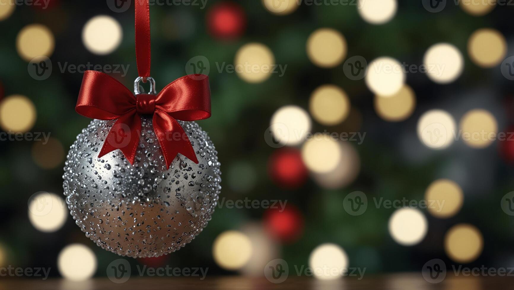 Shiny jingle bell with red bow tie on blurred sparkling Christmas Tree background, Close up Christmas Decoration on celebration home background. photo
