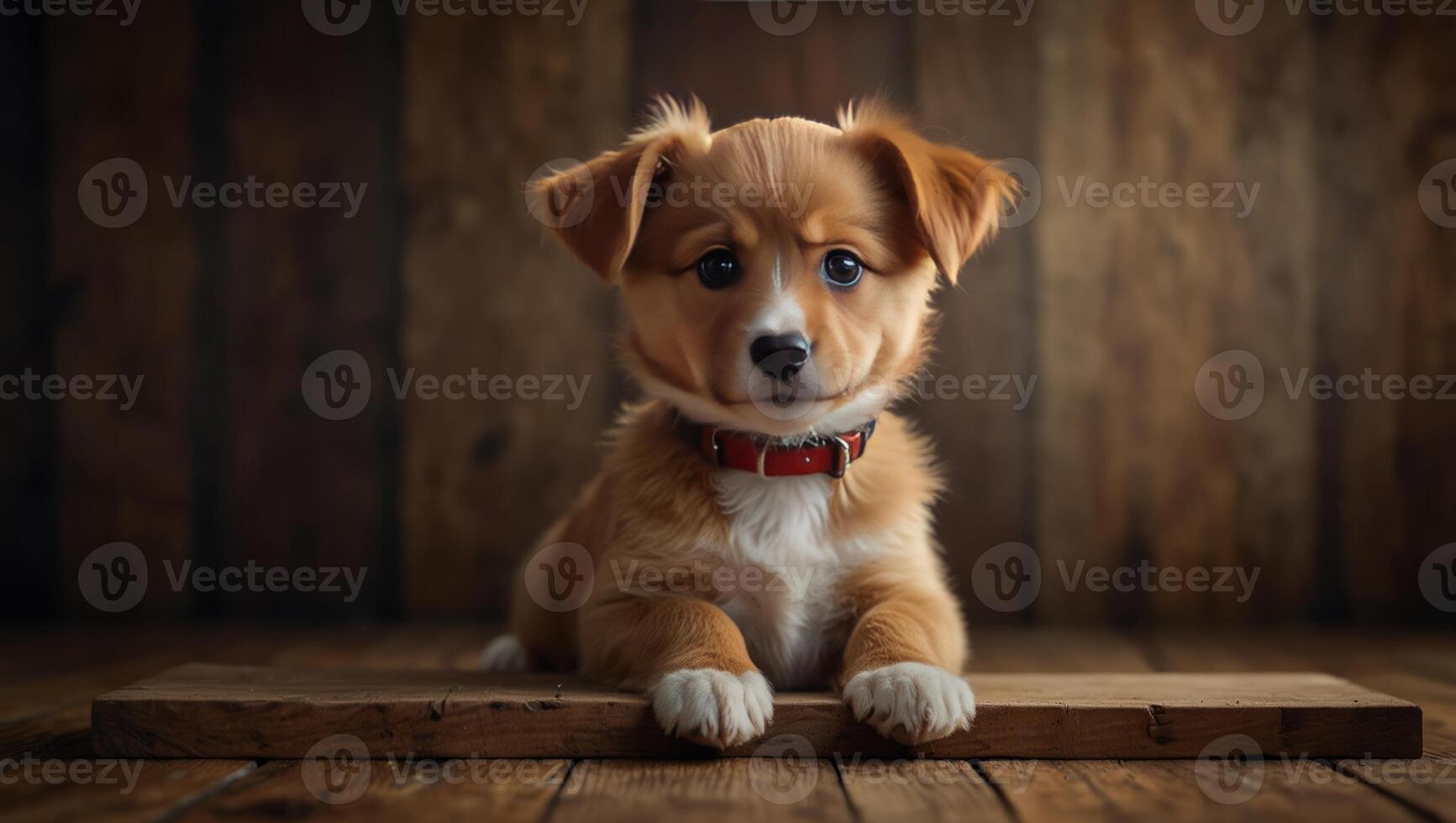 Studio shot of a curious and cute puppy lying on blank wooden board with copy space, wooden mock up frame with funny animal. photo