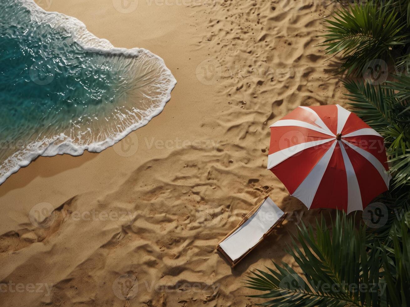 Summer beach concept Summer holidays design template for promo poster, web banner, social media and mobile apps Paper cut tropical beach top view background with umbrella,. photo