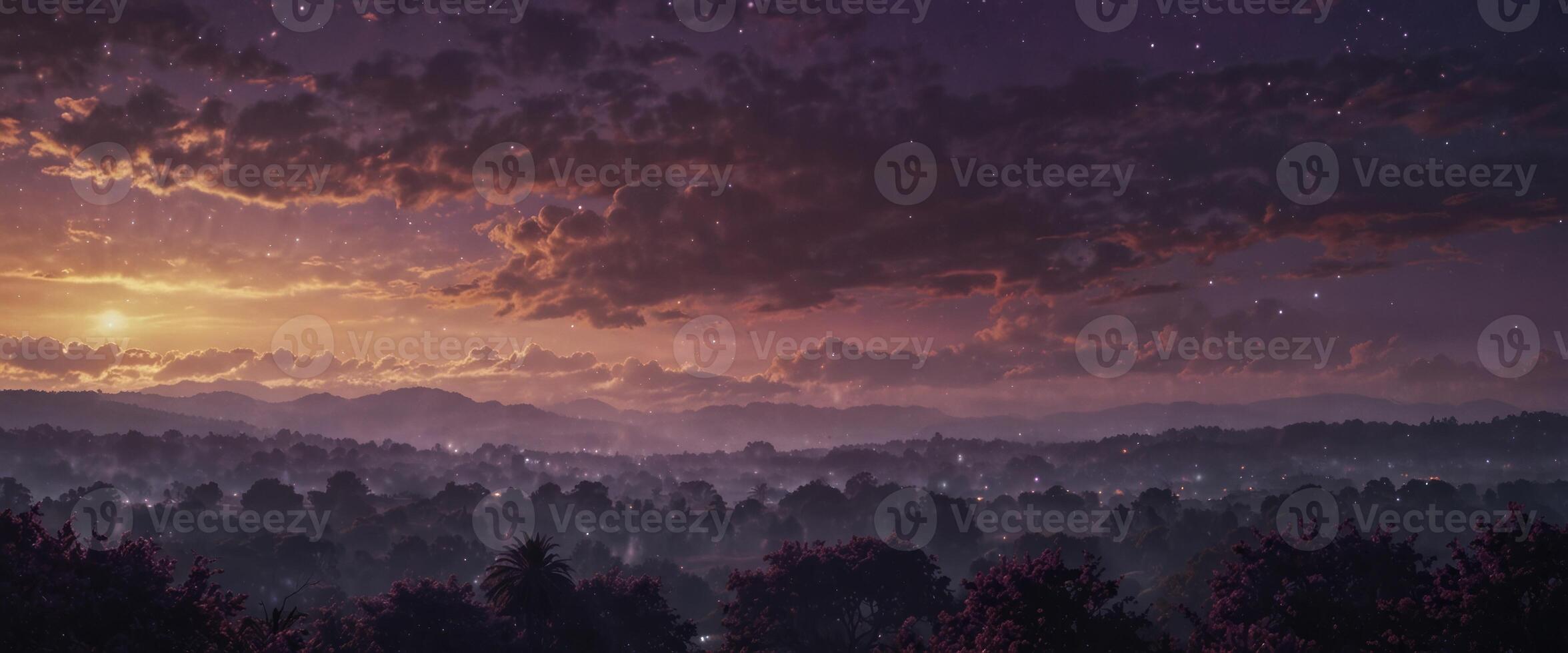 Sunshine purple holiday background decorated brilliance bokeh Glowing wonderful sky illustration. photo