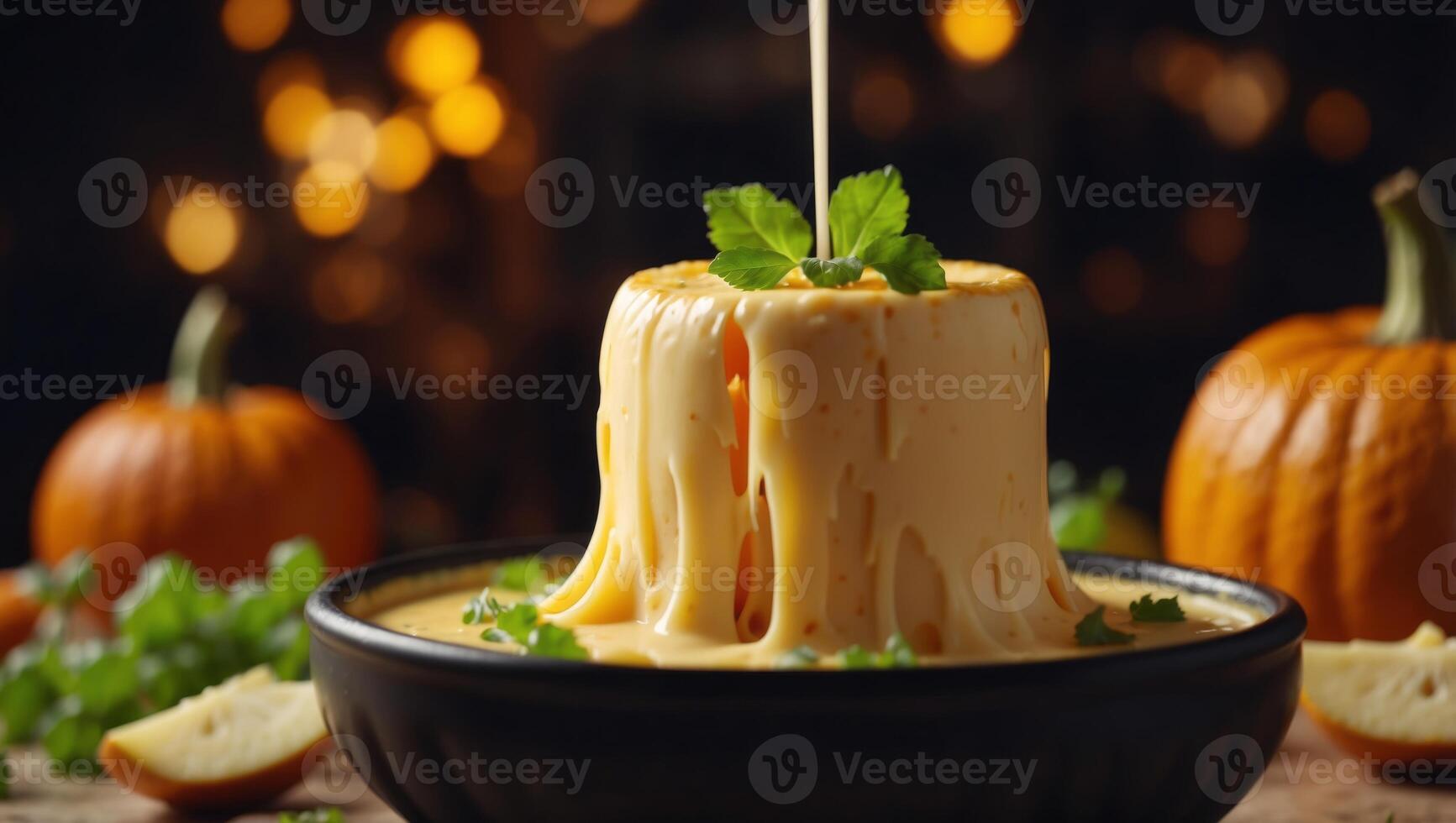 Tasty cheese fondue served in a pumpkin rind. photo