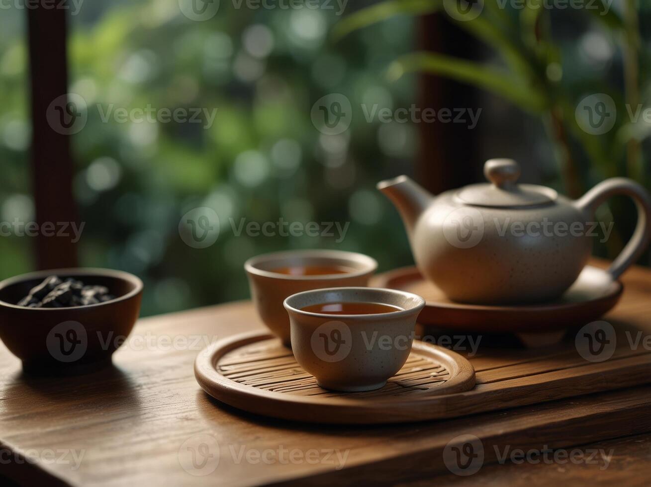 Teapot and tea cup made of yixing clay stands on a bamboo tea tray Chinese traditional gongfu cha teaware. photo