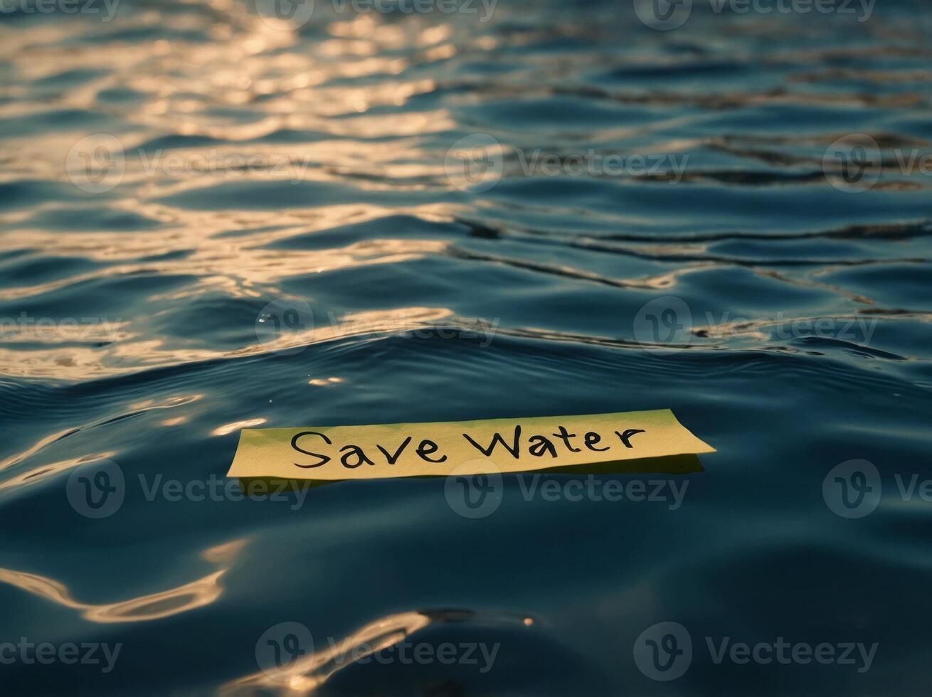 The text SAVE WATER written in a sticky note, sticky note on the water. photo