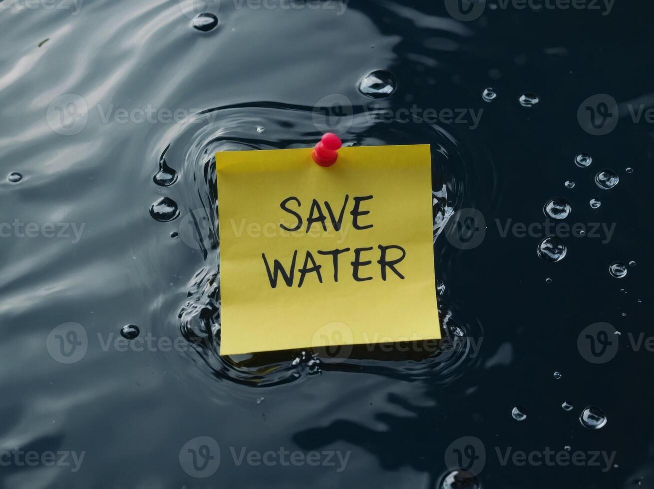 The text SAVE WATER written in a sticky note, sticky note on the water. photo