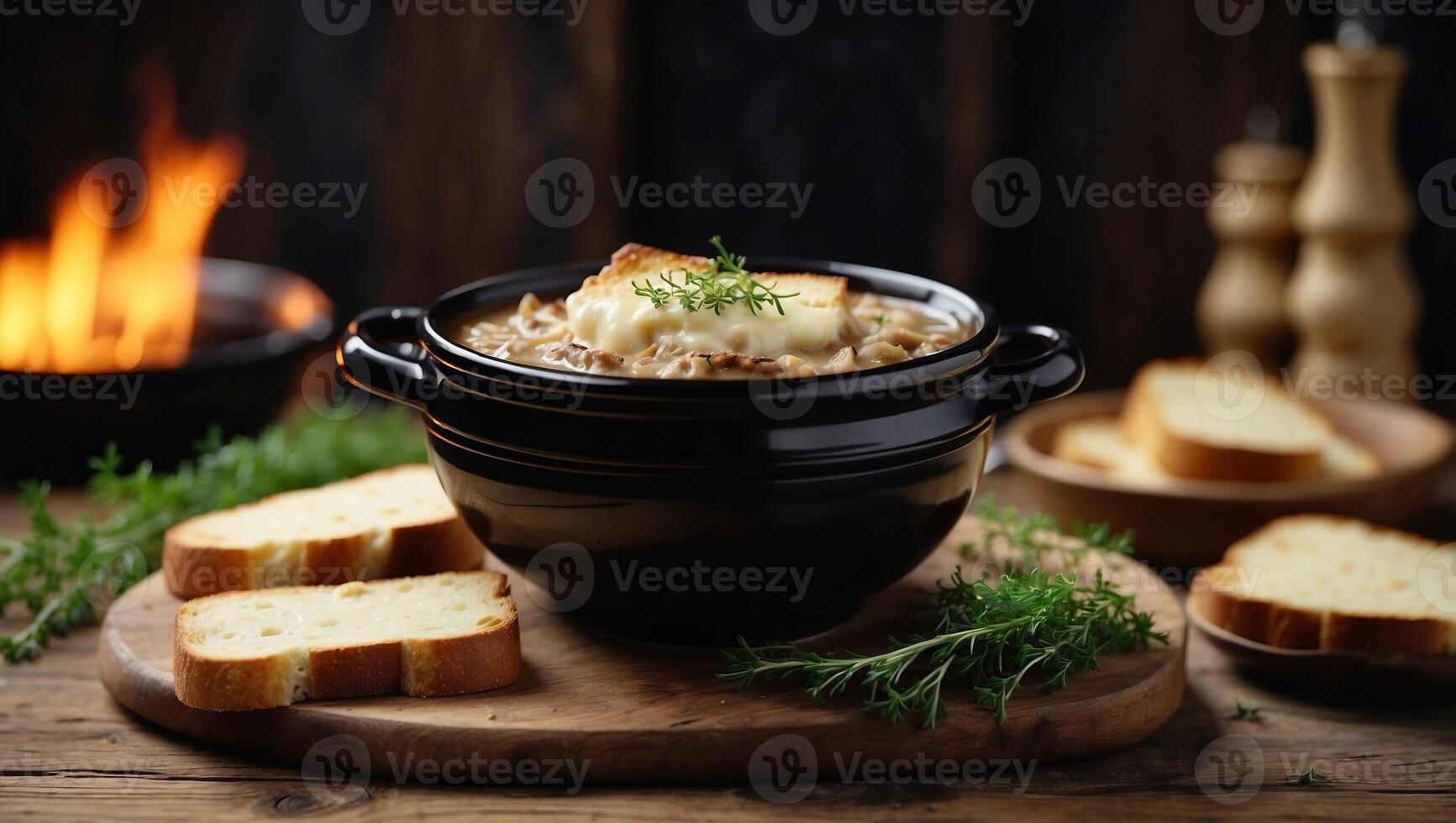 Traditional french onion soup with toast, cheese and fresh thyme in a black bowl on a wooden brown board on a rustic wooden background. photo
