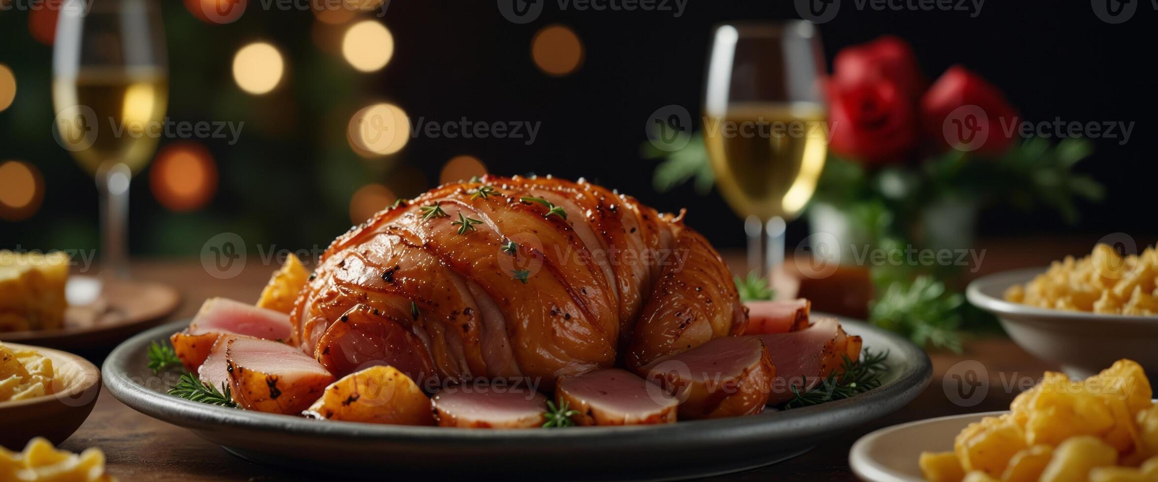 Traditional side dishes accompany a honey glazed spiral cut ham for holiday dinner. photo
