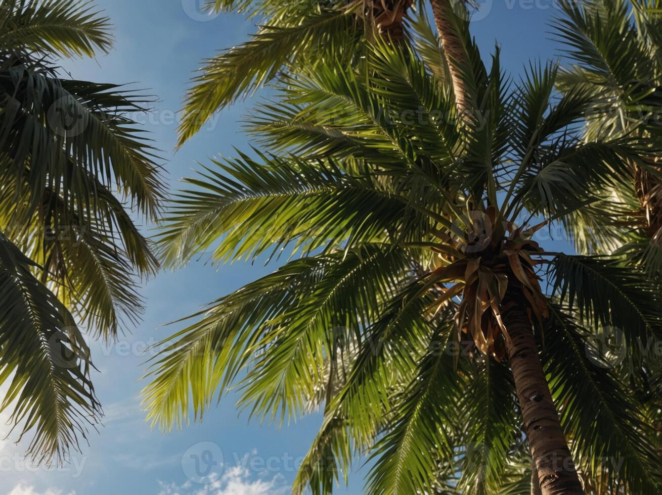 Tropical green palm leaves and branches on blue sky with copy space Sunny day, summer concept Sun over palm trees Travel, holiday background Banner. photo
