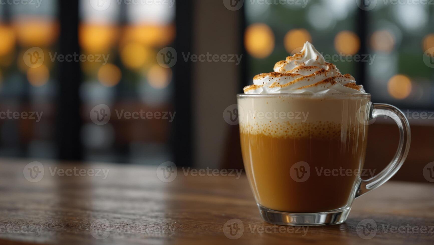 Two cups of pumpkin spice latte in a glass mug, glass cup with tasty pumpkin spice latte on wooden table in a decent cafe next to window. photo