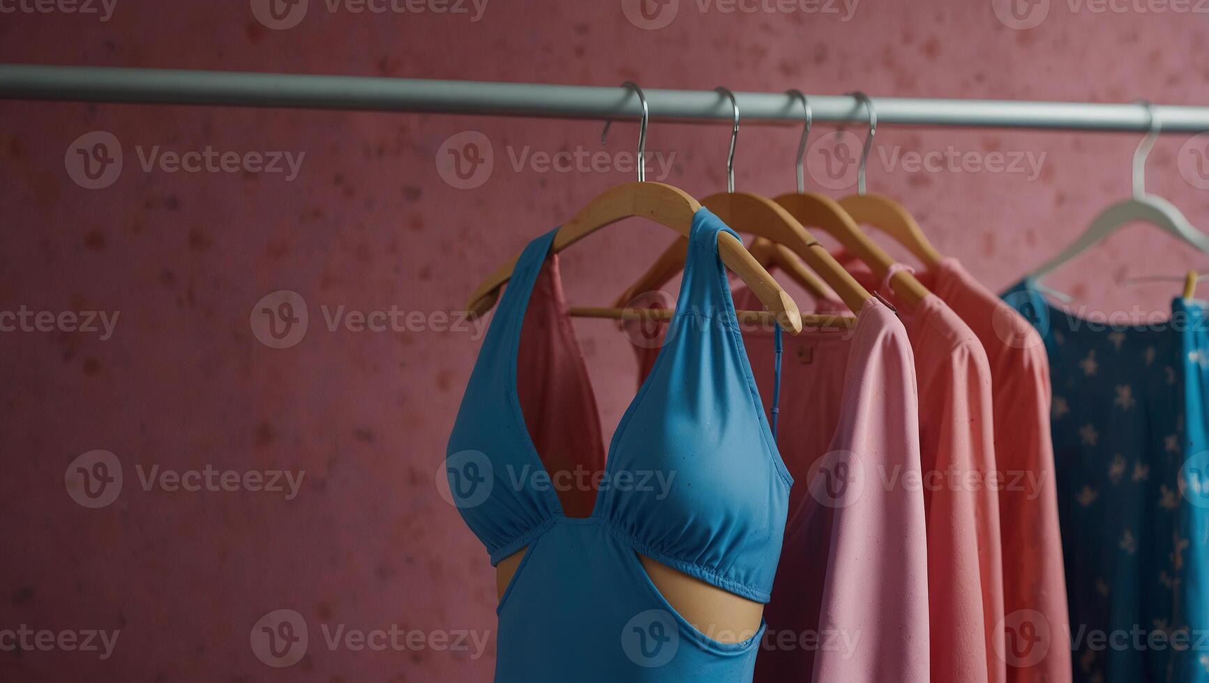 Vibrant blue swimsuit hanging on a pink background. photo