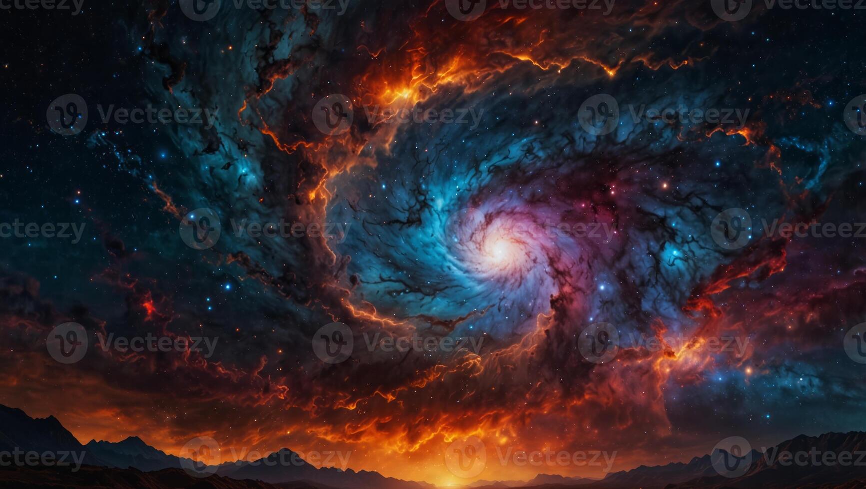 Vibrant hues swirl within a celestial inferno, showcasing the infinite beauty of the cosmos and the chaotic wonder of natural phenomena. photo