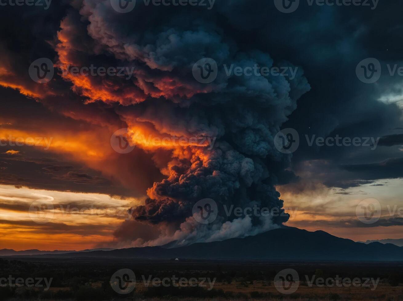 Witnessing the mesmerizing beauty of a dark and glowing sky with fire and smoke. photo