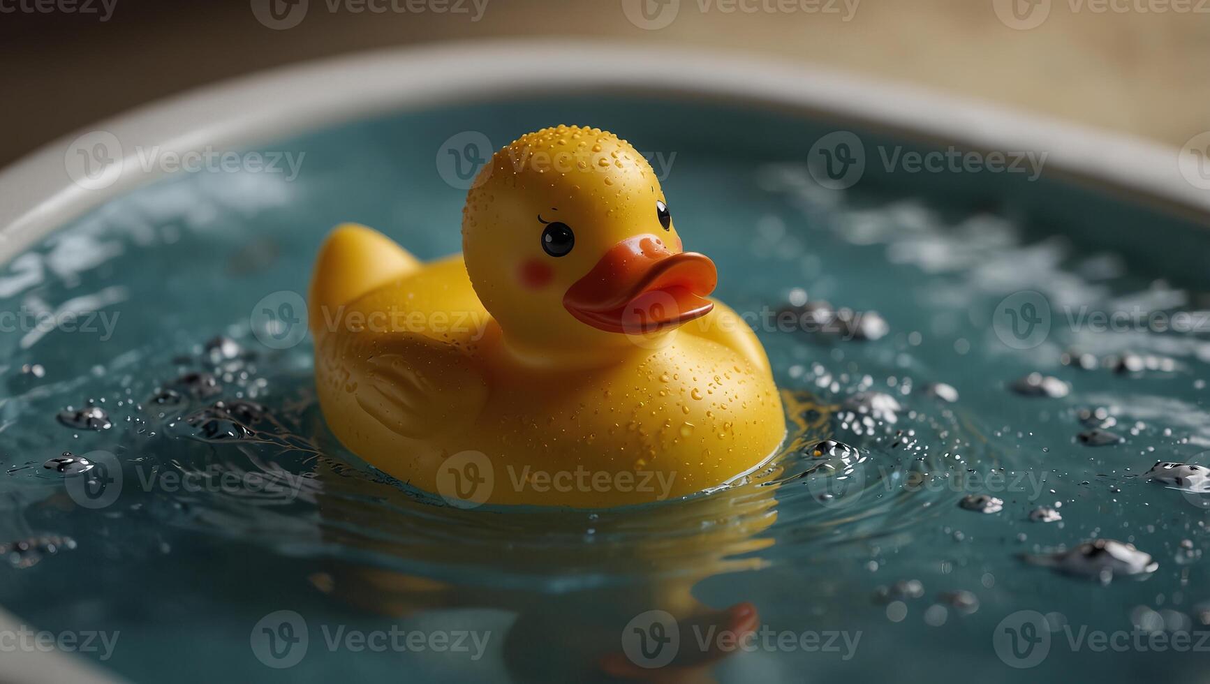 Yellow rubber duck toy floating on a bubble bath tub, top view, copy space, summer vacation, relaxation, bubble bath. photo
