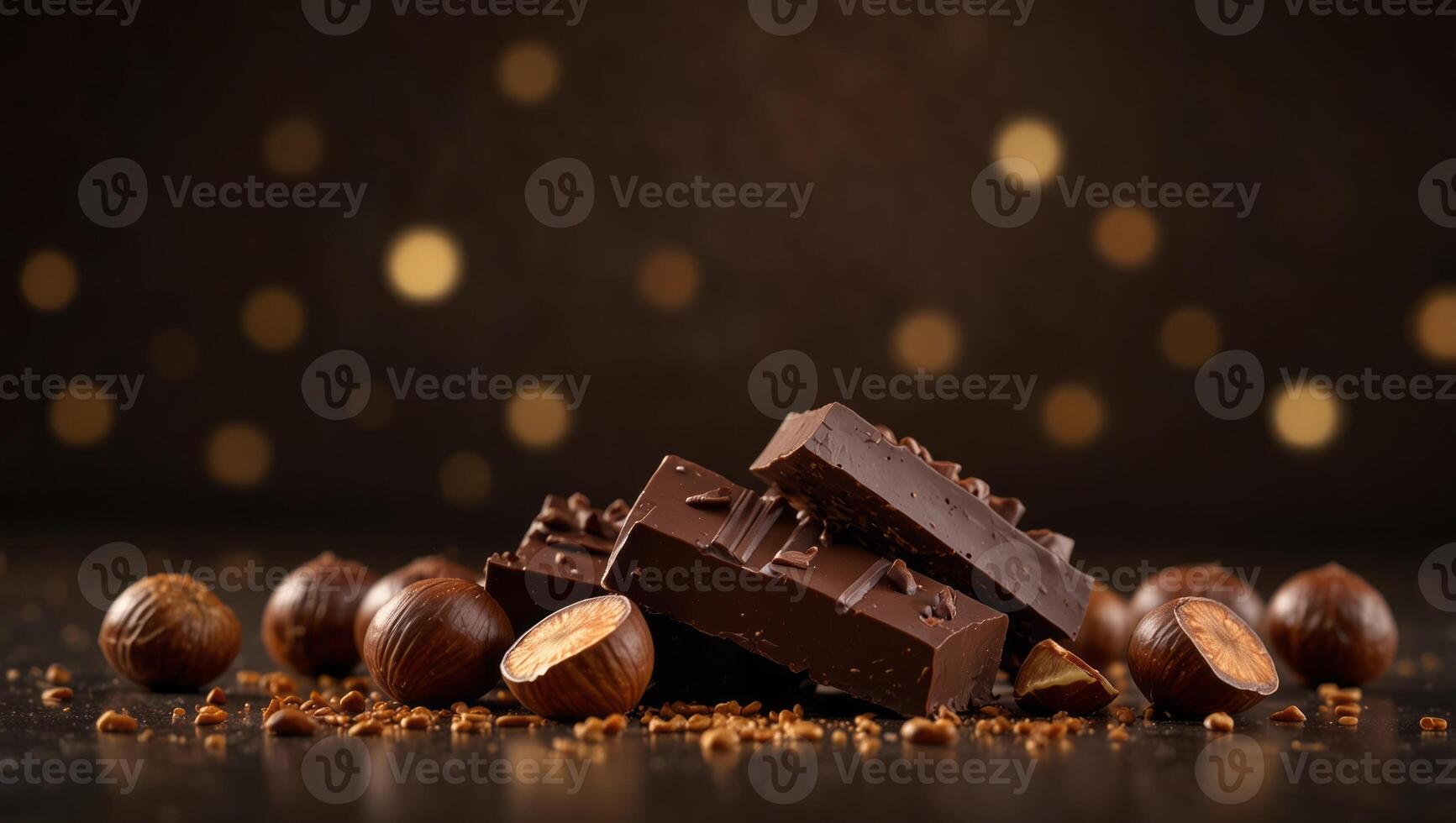 hazelnut dark chocolate chunks on brown background with copyspace, milk chocolate bar pieces with scattered nuts on brown chocolate background, copy space. photo