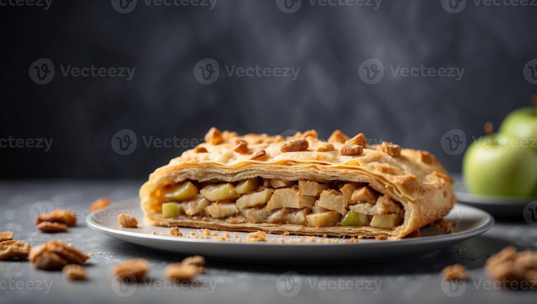 homemade flavored apple strudel in a plate on a gray concrete background with space for text. photo