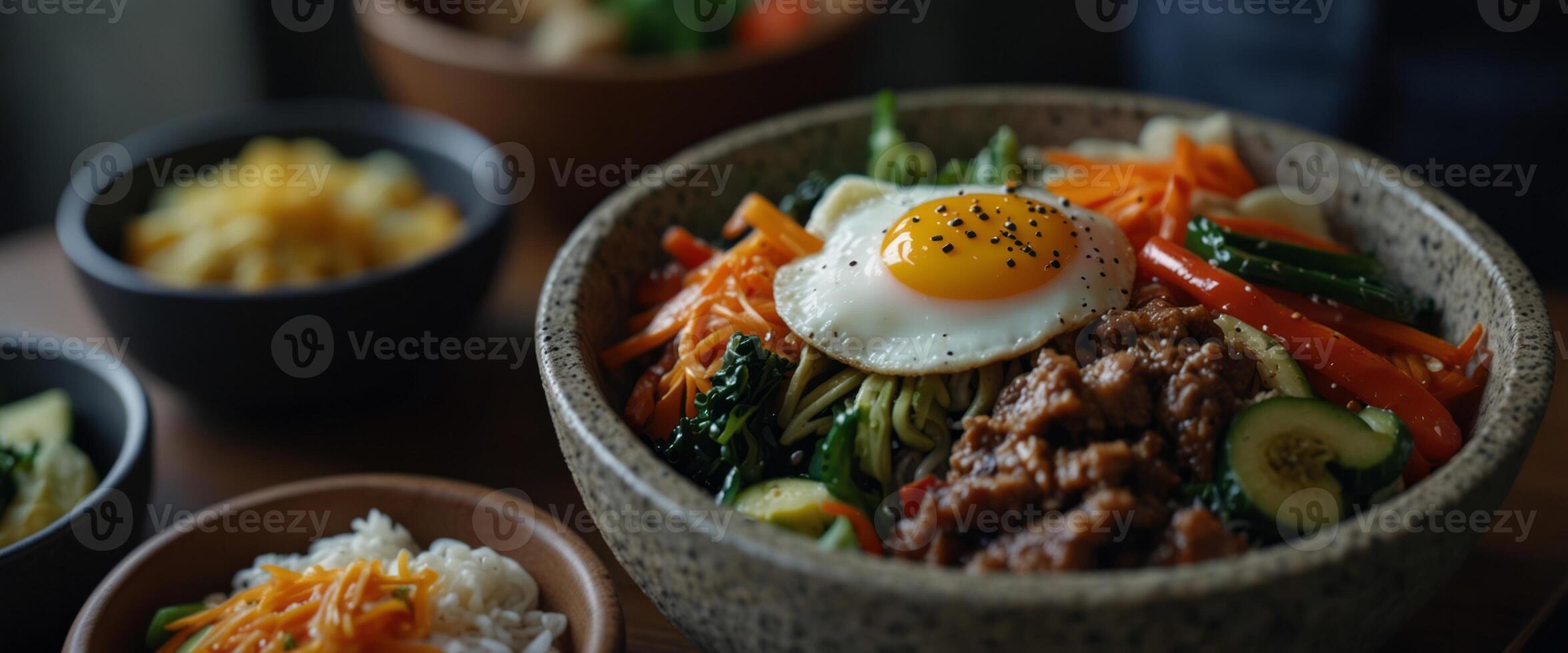 korean bibimbap in a traditional stone bowl. photo