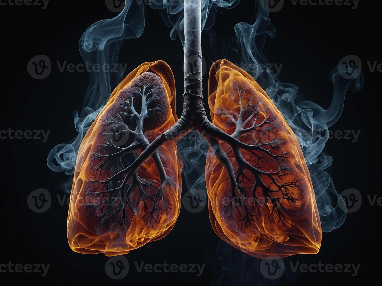human lungs in smoke on a dark background concept of harm from smoking and ecology. photo