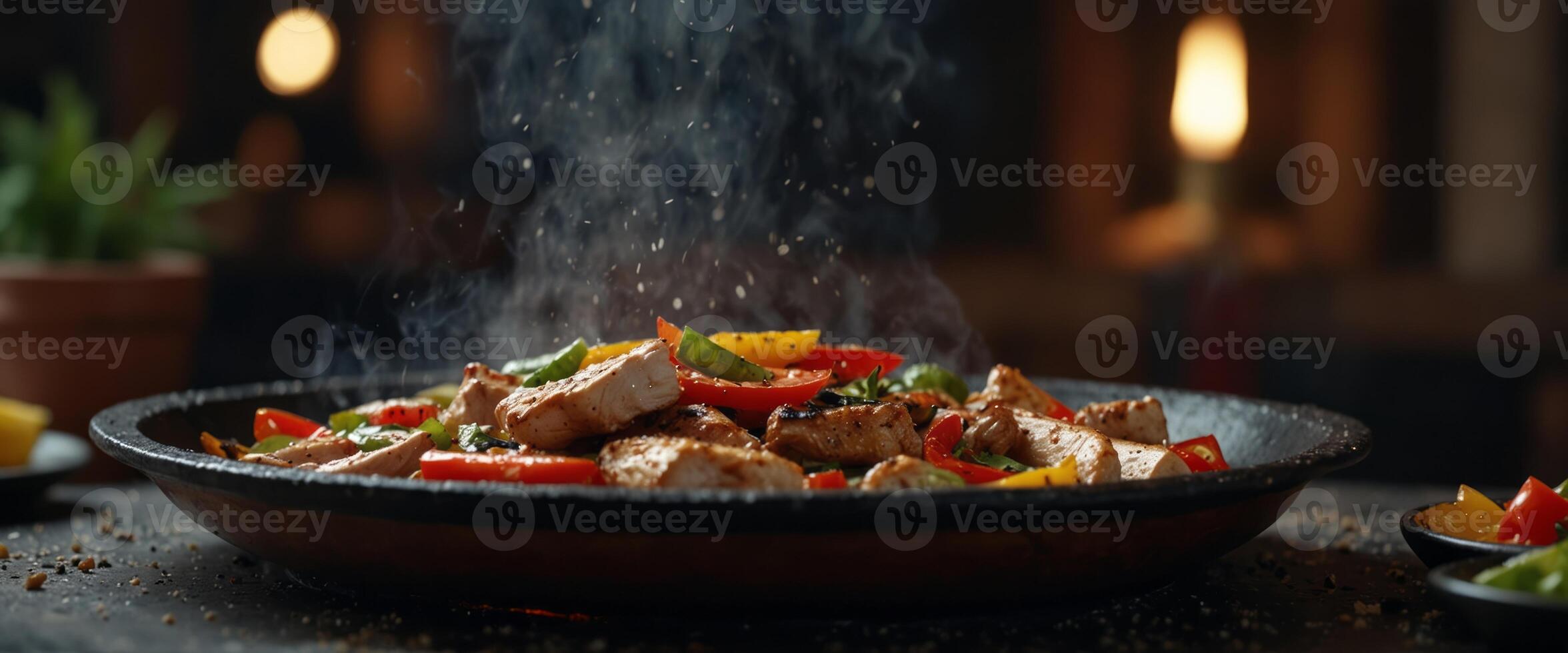 mexican traditional food, chicken fajitas served on a hot smoking sizzling plate. photo