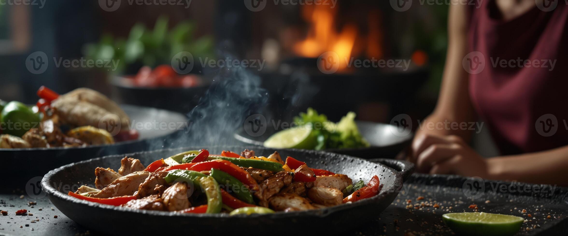 mexican traditional food, chicken fajitas served on a hot smoking sizzling plate. photo