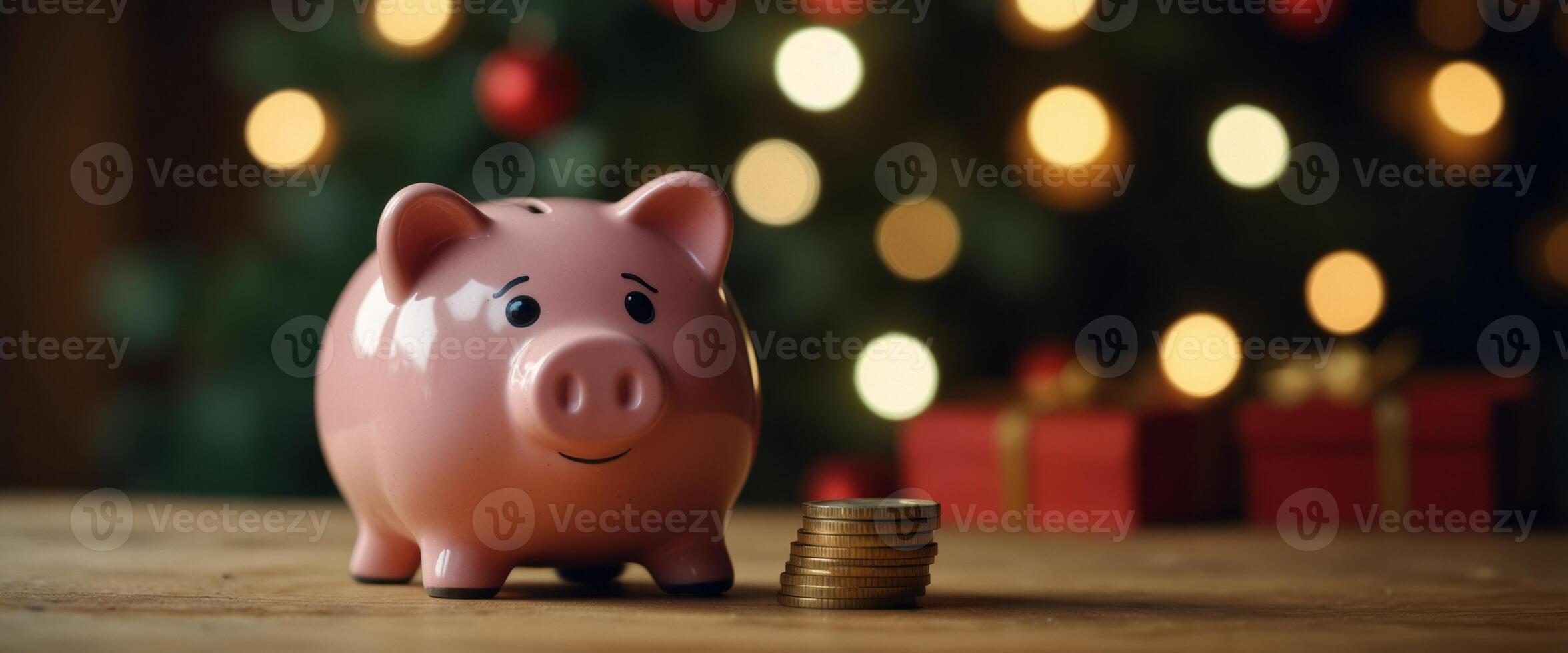 piggybank on a table with coins, festive holiday christmas scene in the background, copy space for writing text. photo
