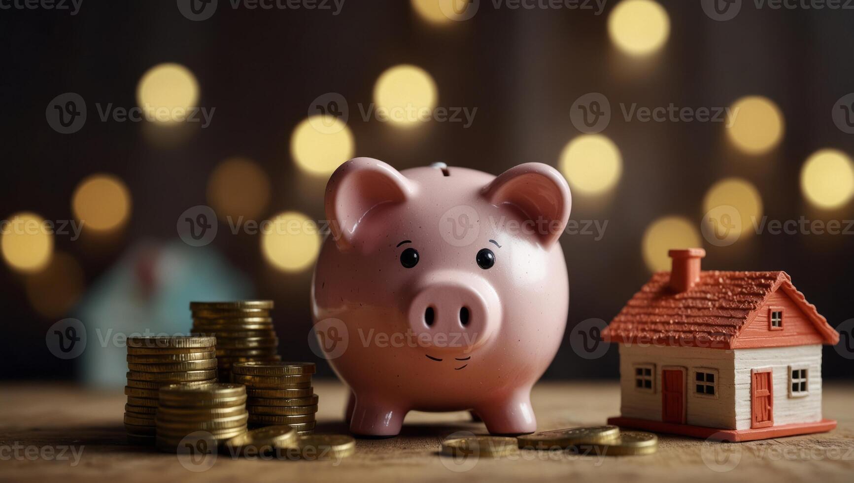 piggy bank with coins piles and house model, concept of mortgage and savings, copy space. photo