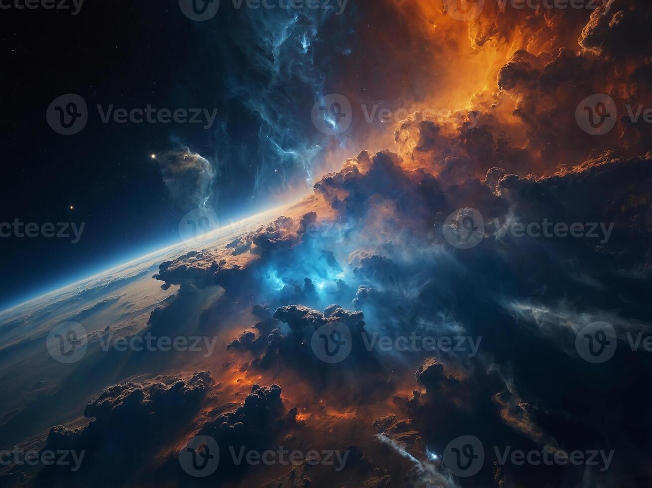 showcasing brilliant blue and orange clouds of gas and dust in the vast expanse of space. photo