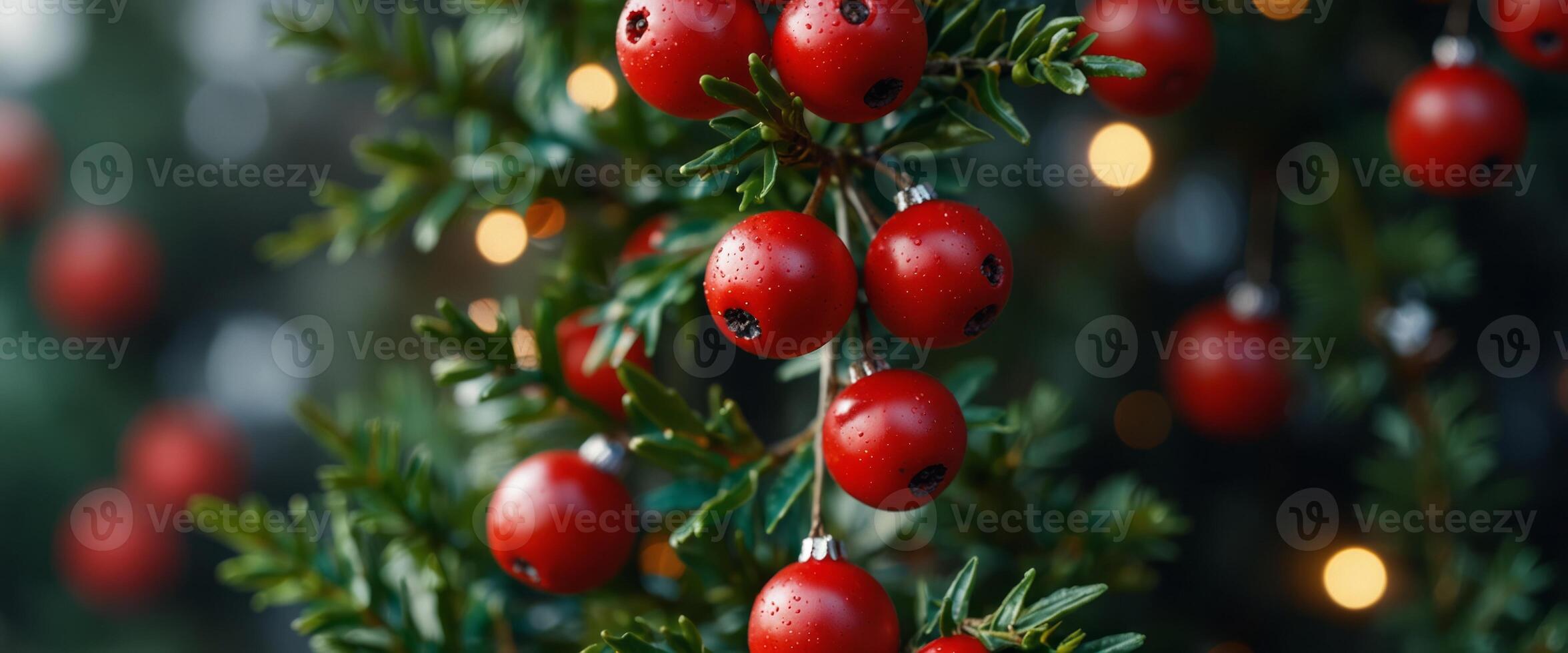 red holly berries and Christmas tree with festive defocused bokeh, holidays background. photo