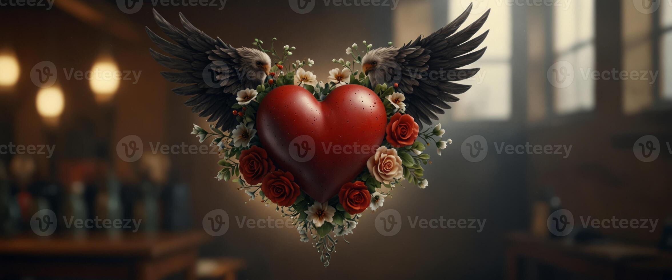 tattoo in traditional style of a flying heart with flowers and banner. photo