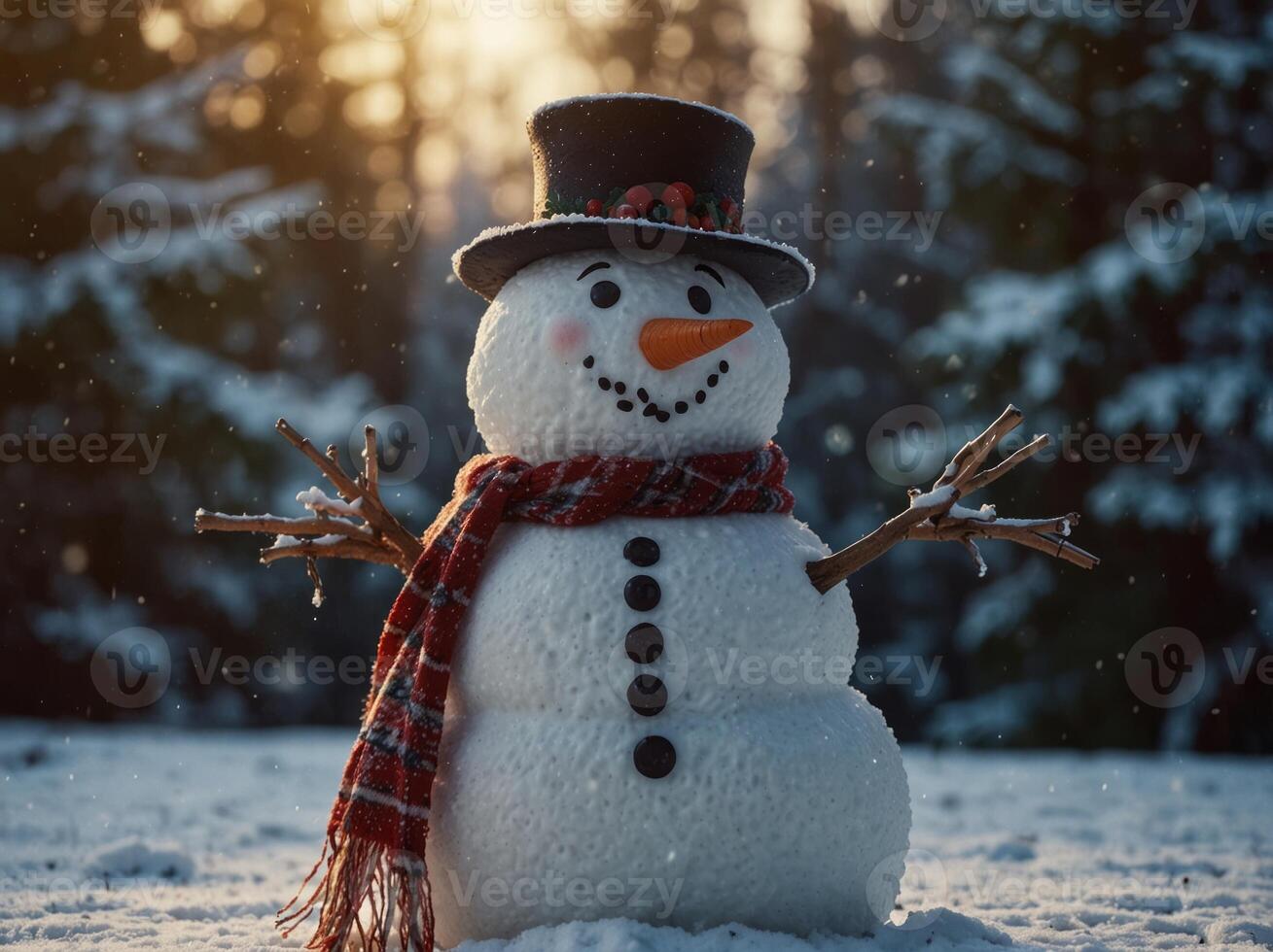 snowman in winter christmas scene with snow pine trees and warm light. photo