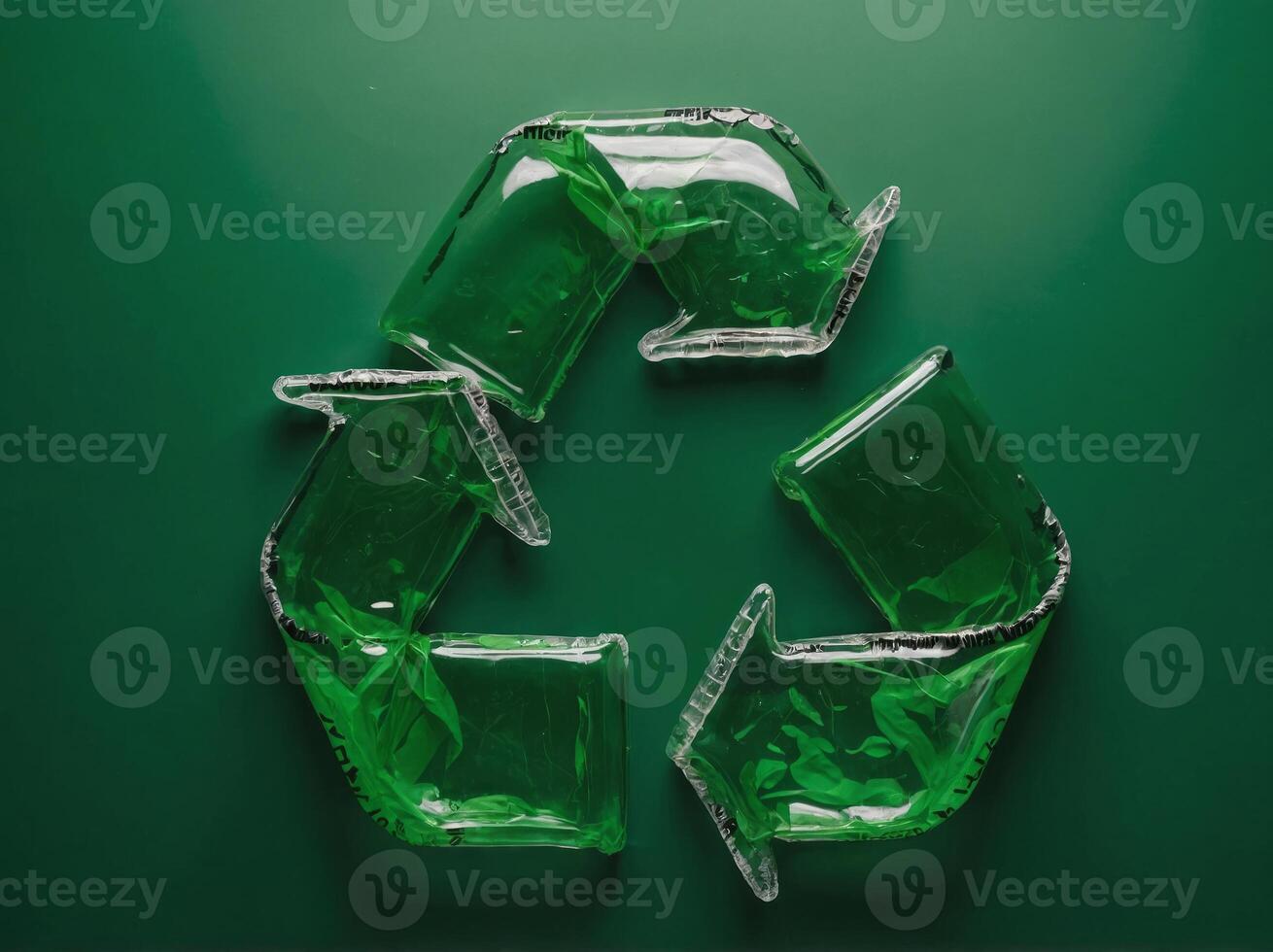 view of recycle sign from crumpled plastic bottles on green background, ecology concept. photo