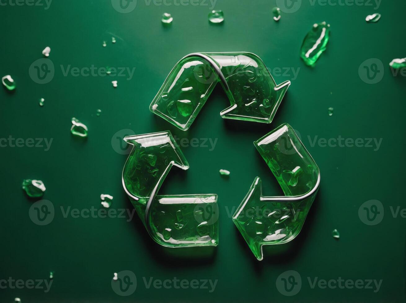 view of recycle sign from crumpled plastic bottles on green background, ecology concept. photo