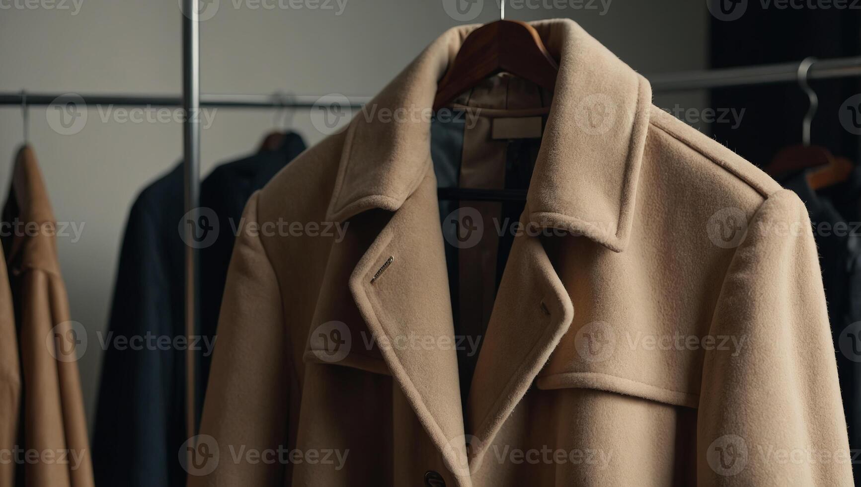 A beige coat on a hanger, minimalistic solid and classic. photo