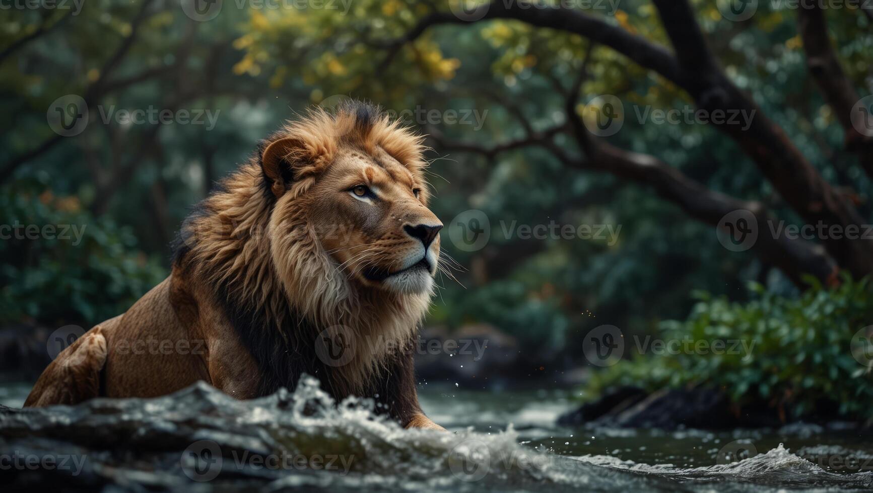 A captivating fusion of Asian traditional art and modern elements featuring a wave, tree, lion, and eagle design. photo