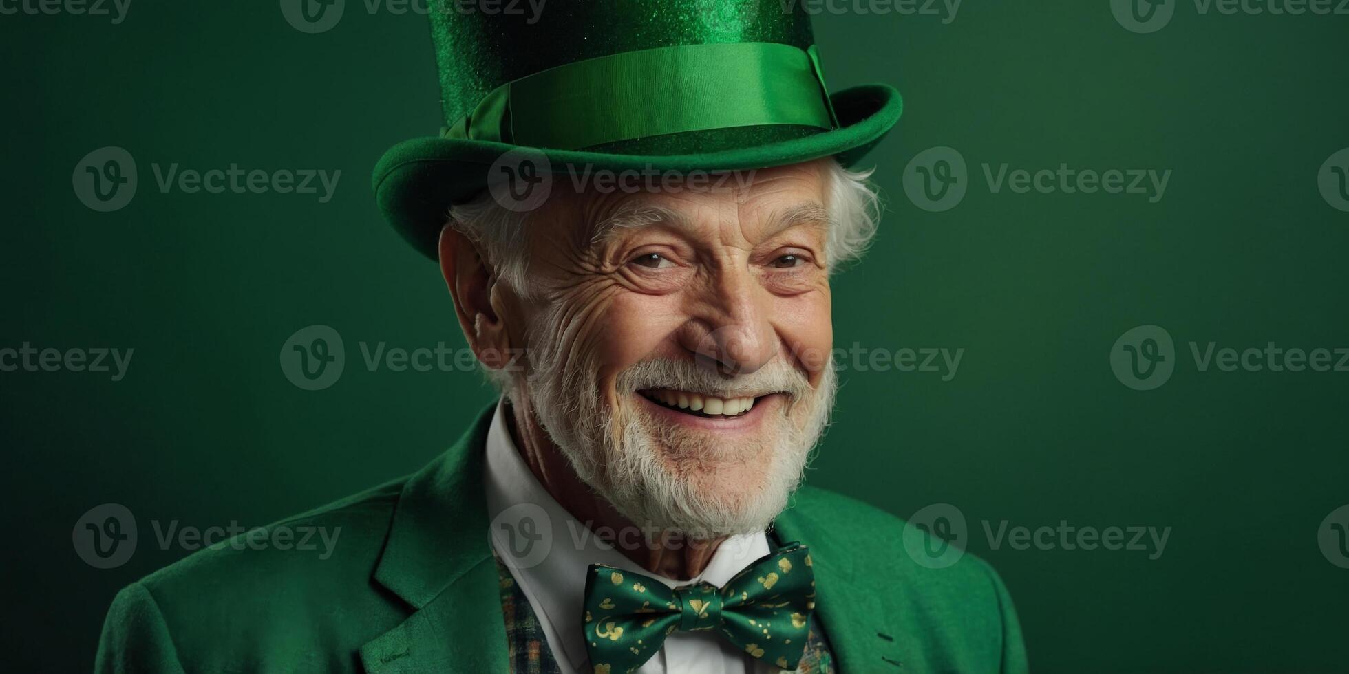 A cheerful elderly man in a tall green hat and bow tie, with a wide smile on a green background The concept of celebrating St Patrick's Day. photo