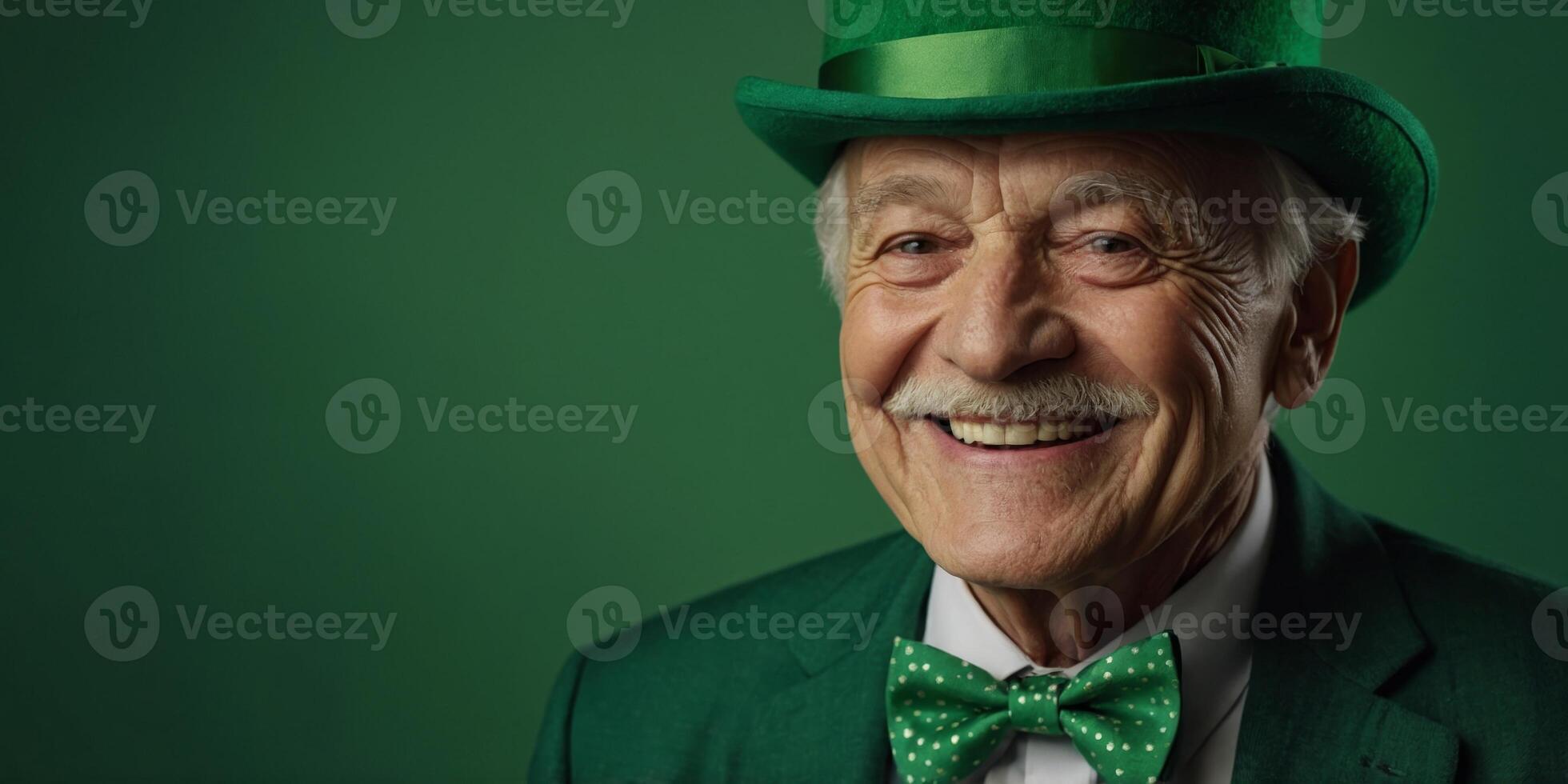 A cheerful elderly man in a tall green hat and bow tie, with a wide smile on a green background The concept of celebrating St Patrick's Day. photo