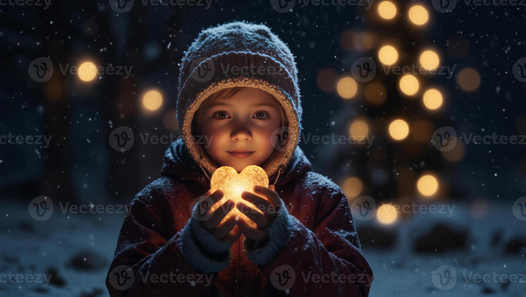 A child holding a glowing heart in a snowy night Concept of kindness and help. photo