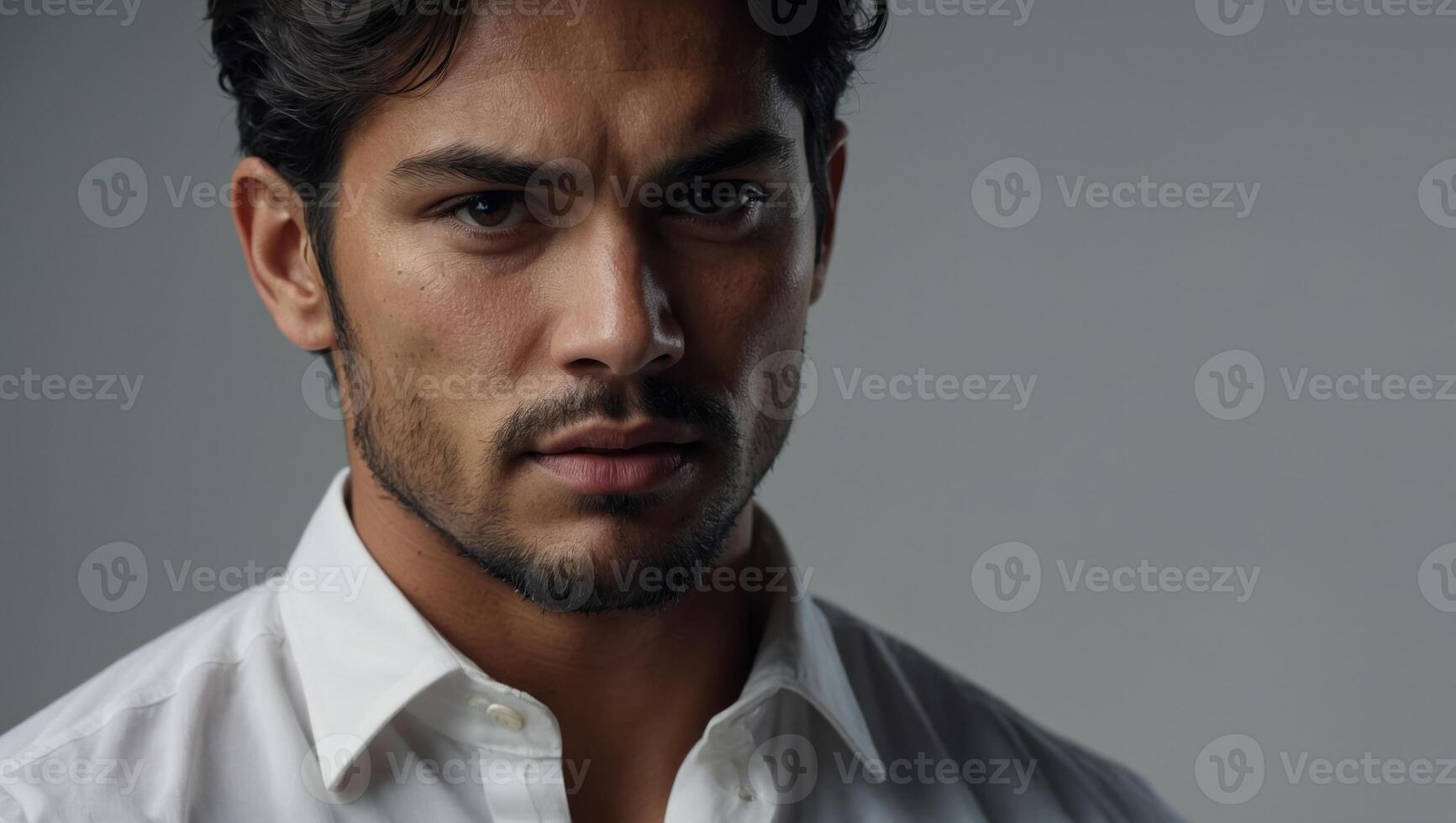 A close-up of a person wearing a white shirt, showcasing their expression and attire with a simple background. photo