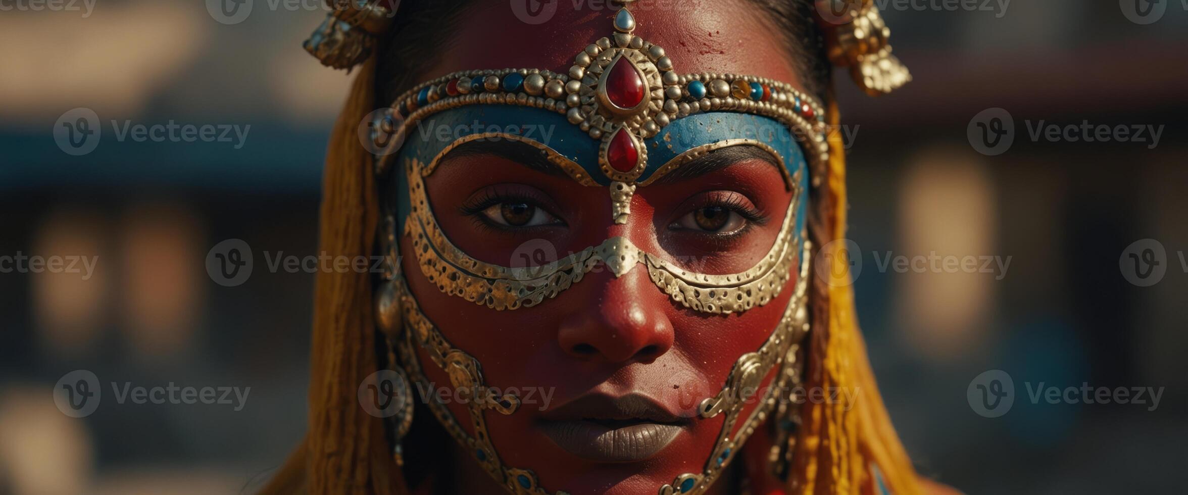 A close-up of a person wearing a traditional mask decorated with bright, natural pigments. photo