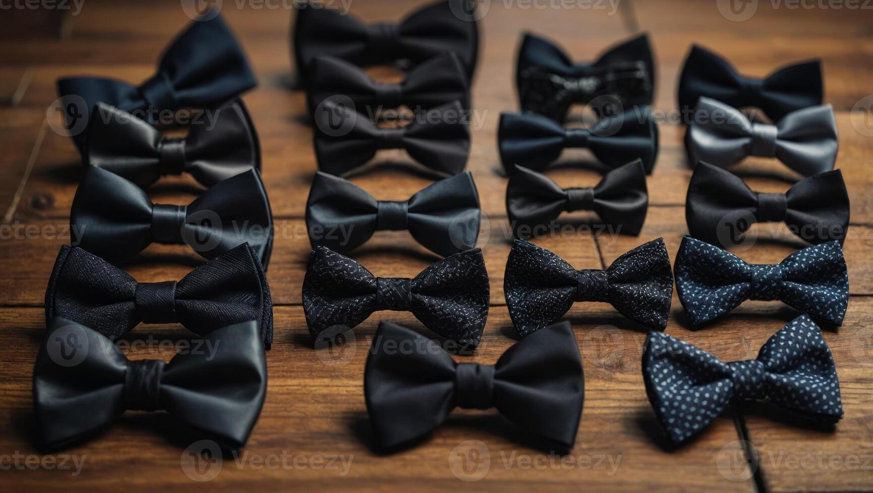 A collection of black bow ties neatly arranged on top of a wooden table. photo