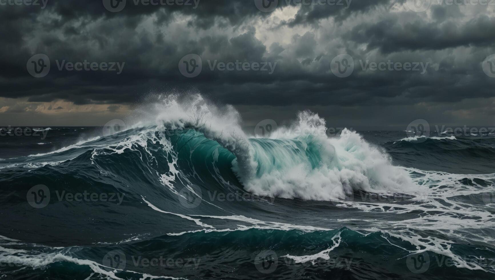 A dramatic and powerful image of towering ocean waves, capturing the raw force and beauty of the sea under a cloudy, tumultuous sky. photo