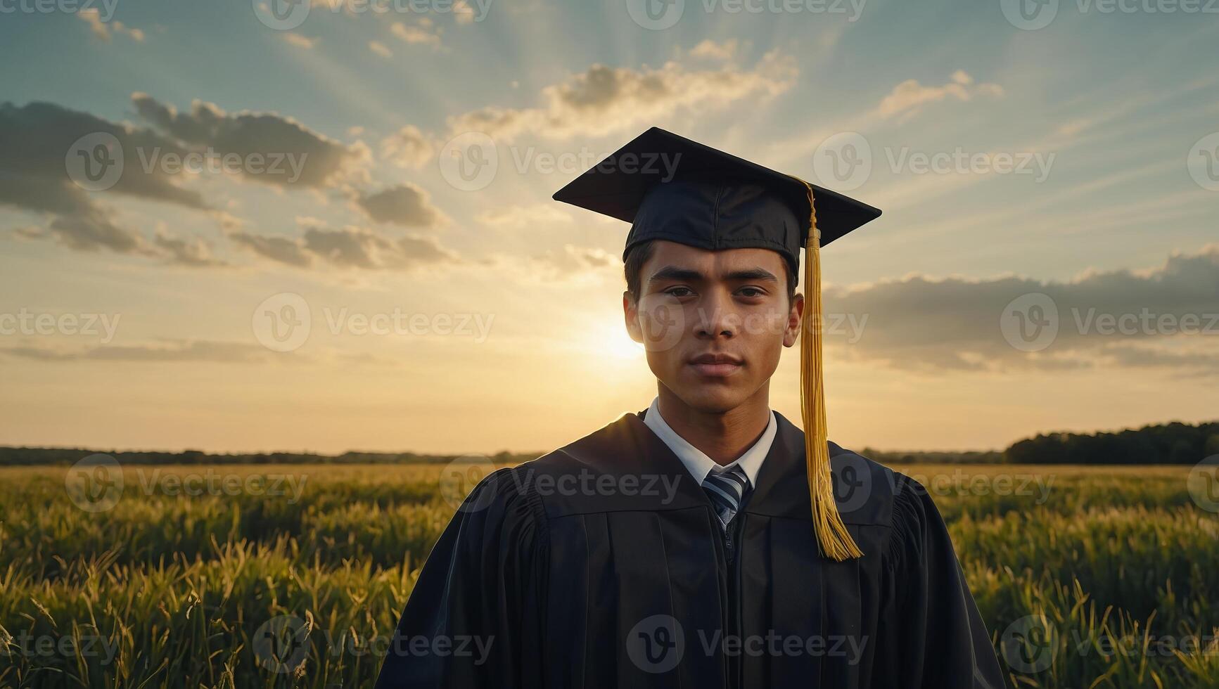 A graduate stands in a field with a sun in the background. photo