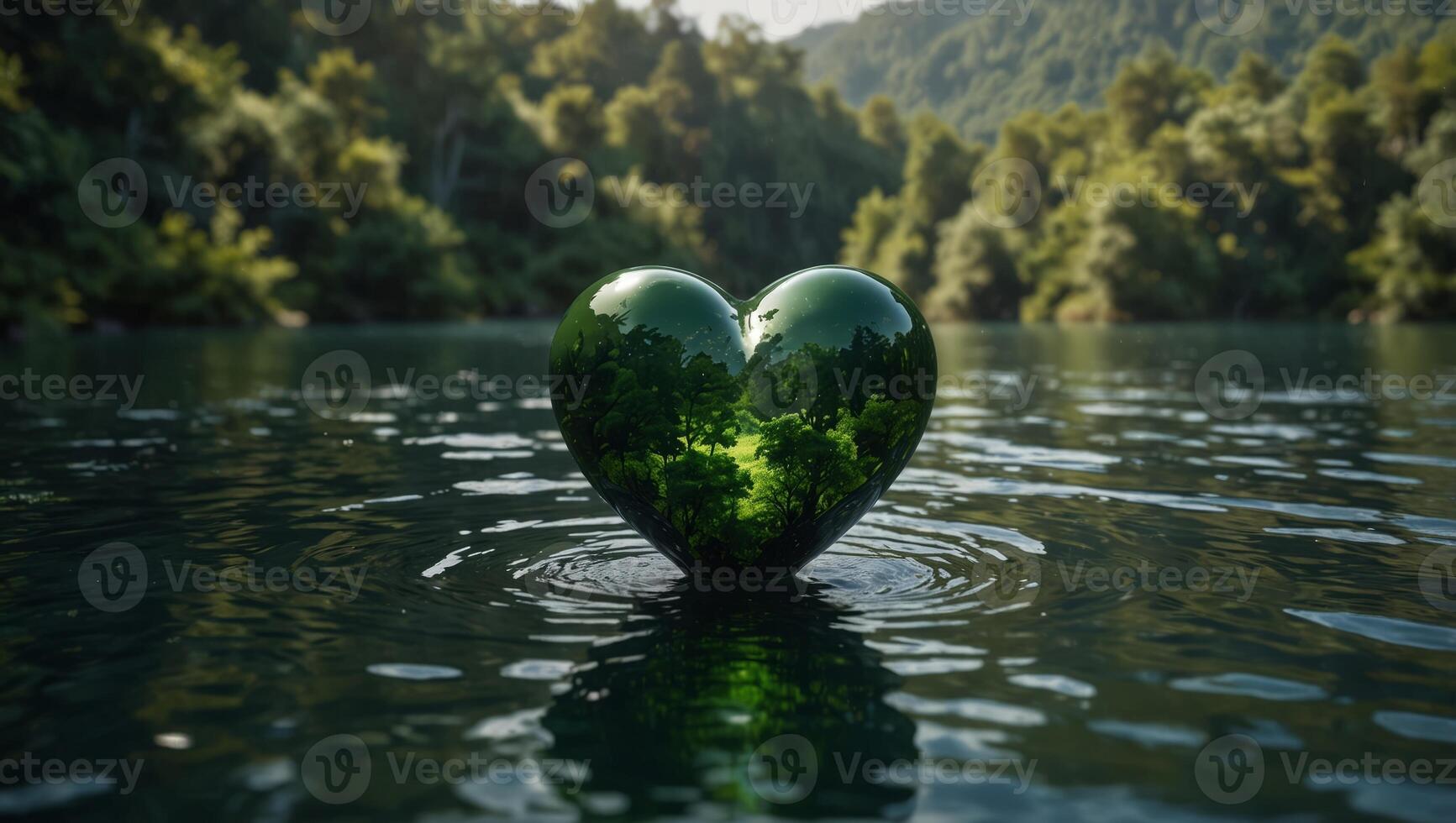 A green heart floating above a landscape of flourishing forests and clean oceans a hopeful vision for the future of our planet. photo