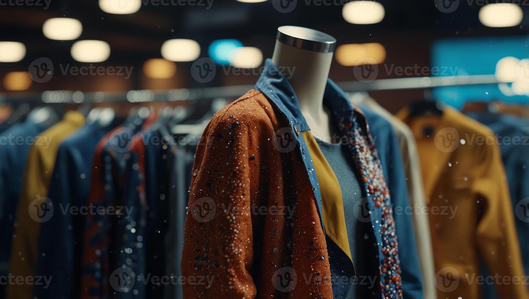 A display of trendy clothing items with subtle particle designs showcasing the intersection of science and fashion. photo