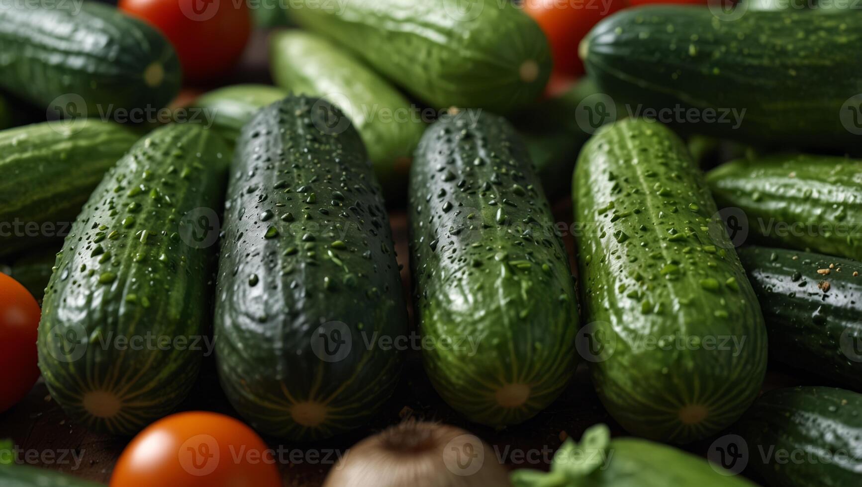 A group of cucumbers, along with various other fresh vegetables, neatly arranged on a table. photo