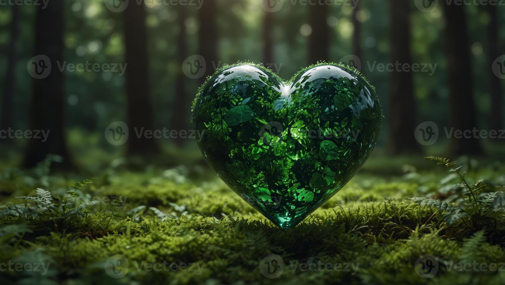 A green heart floating above a landscape of flourishing forests and clean oceans a hopeful vision for the future of our planet. photo