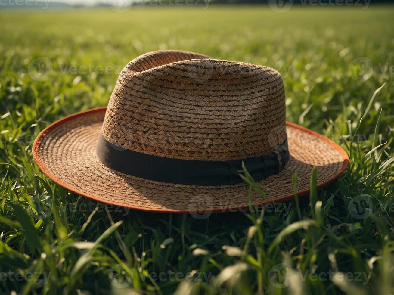 A hat placed on top of a vibrant green field under the sun. photo