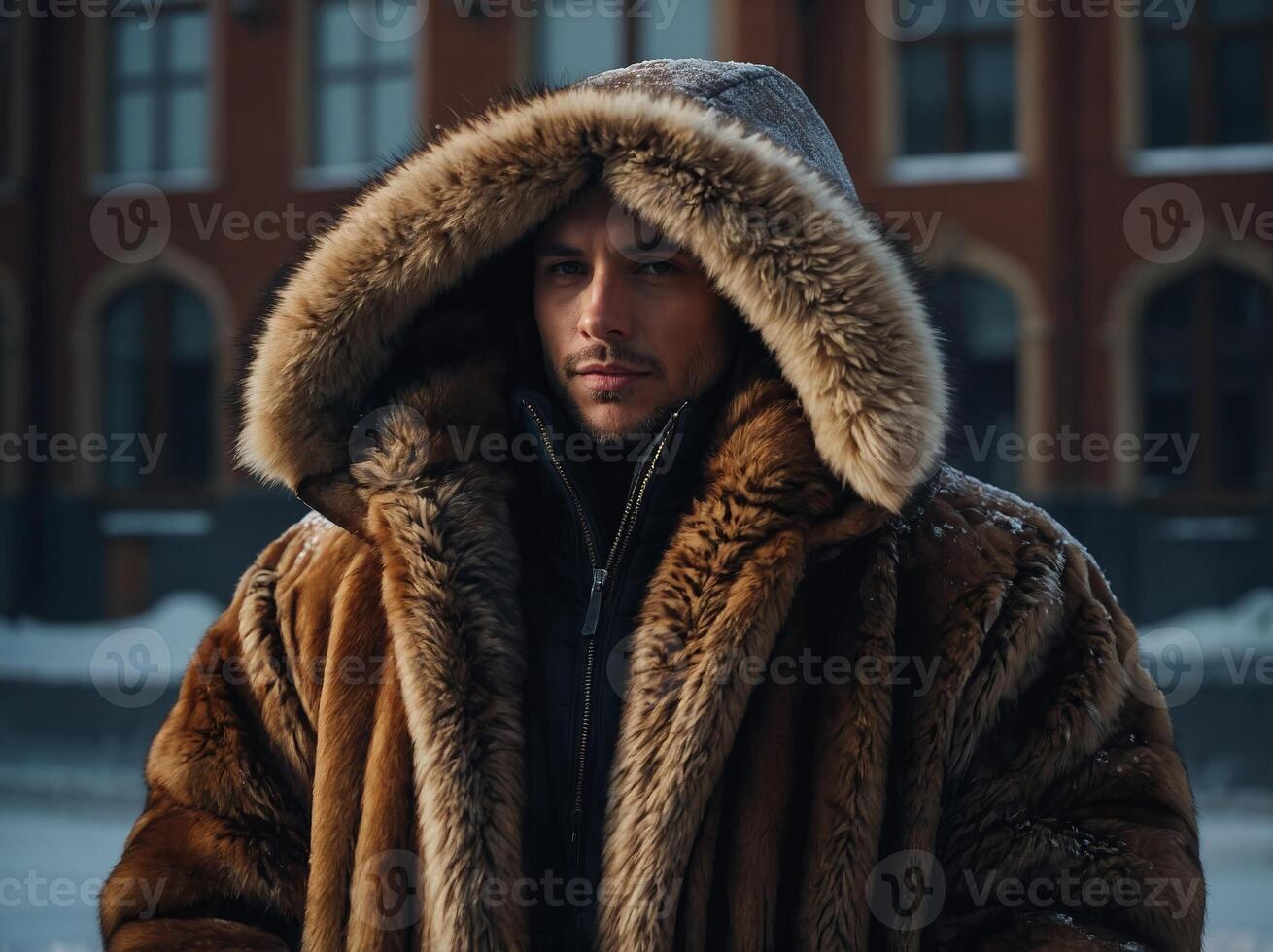 A luxurious coat featuring a hood and fur collar, evoking a sense of sophistication and warmth. photo