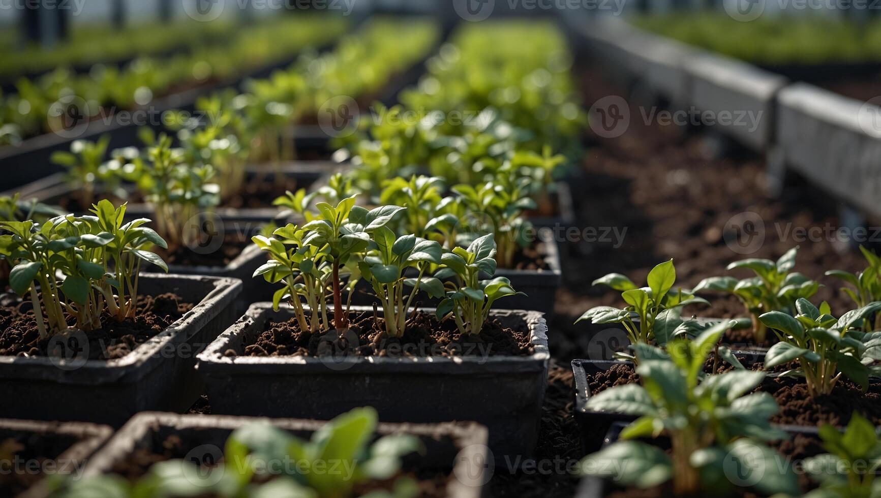 A high-angle shot of a greenhouse filled with rows of young plants in various stages of growth inside a planter. photo