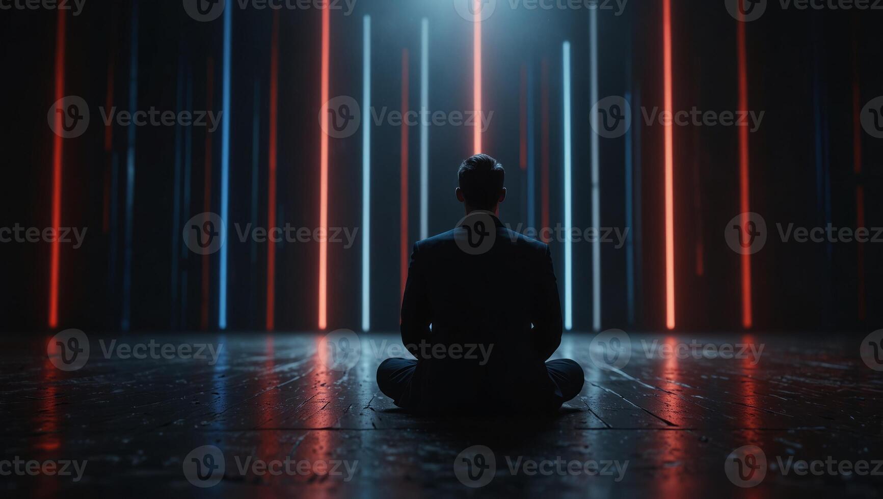 A lone figure sits in a meditative pose in a vast, empty space The figure is surrounded by glowing red and blue lines The figure is wearing a black suit and has its eyes closed. photo