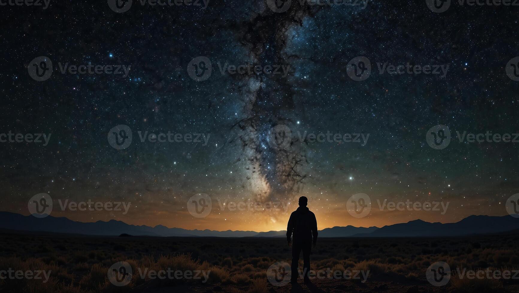 A lone silhouette stares into the vastness of a cosmic scene, reflecting on the boundless universe's mysteries and beauty. photo