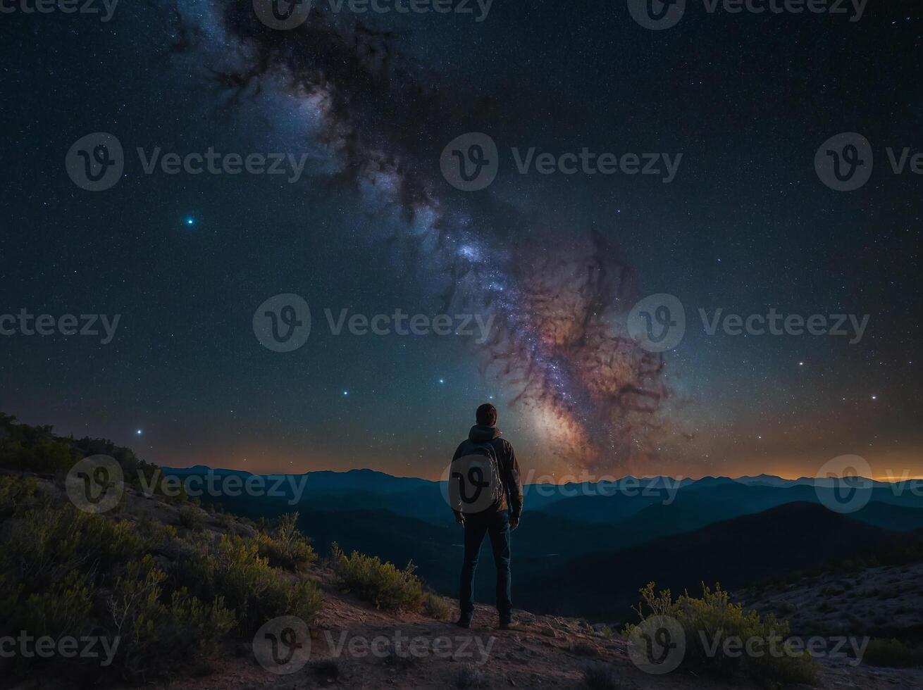 A man stands in awe before a vast expanse of stars and galaxies, surrounded by the infinite beauty of the universe. photo